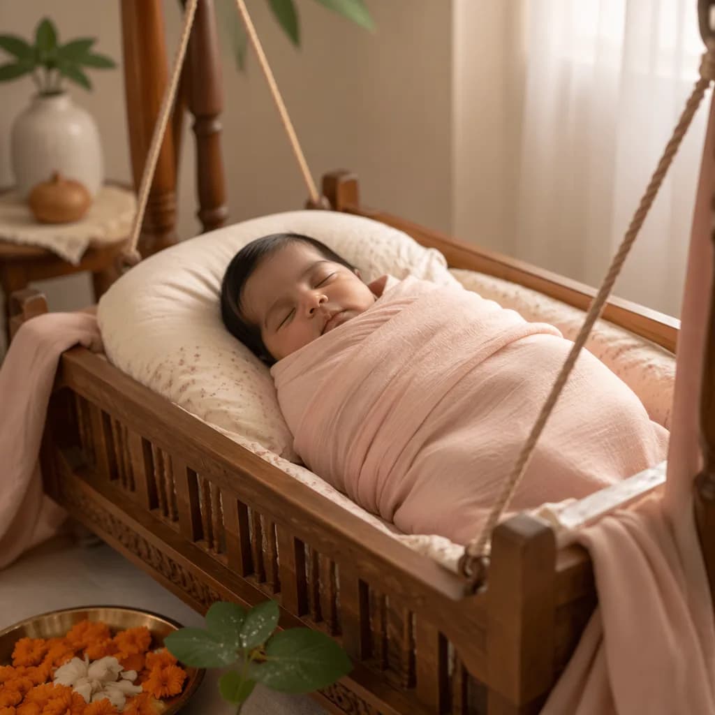 Sleeping baby in a soft pastel nursery with gentle Indian-inspired decor.