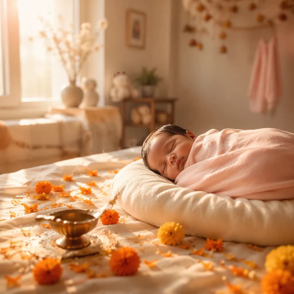 Sleeping baby in a soft pastel Indian nursery with gentle golden light and marigold accents.