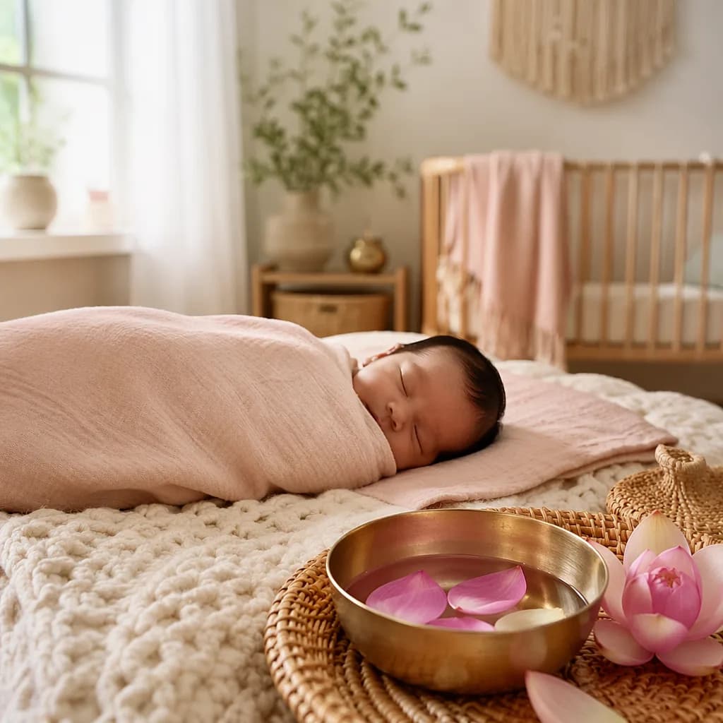 A softly lit nursery with a swaddled sleeping baby and gentle lotus-inspired details.