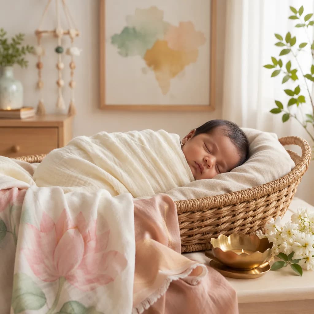 Sleeping swaddled baby in a soft pastel Indian-inspired nursery with jasmine and lotus accents.