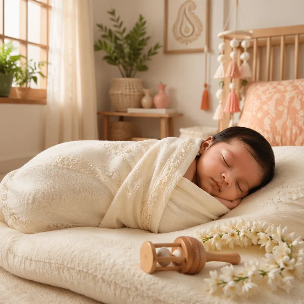 Sleeping baby in a warm pastel nursery with gentle Indian-inspired details and a musical rattle.