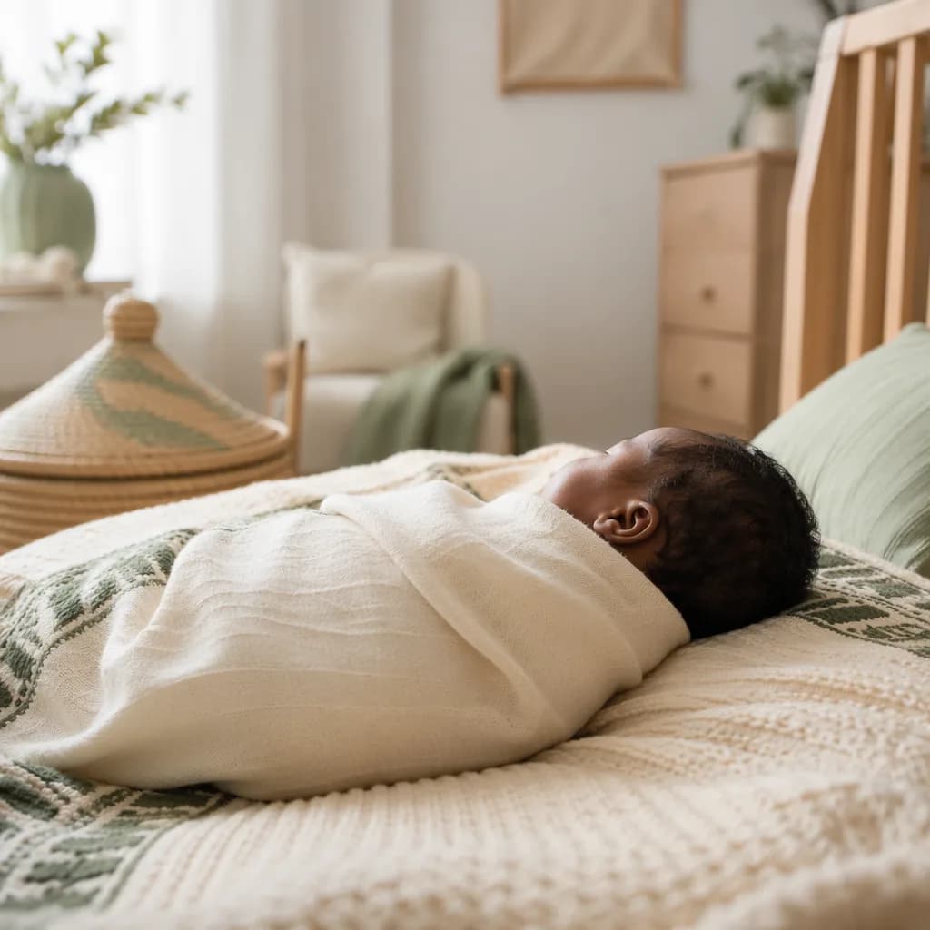 Ethiopian newborn swaddled in a cozy pastel nursery with soft natural light.