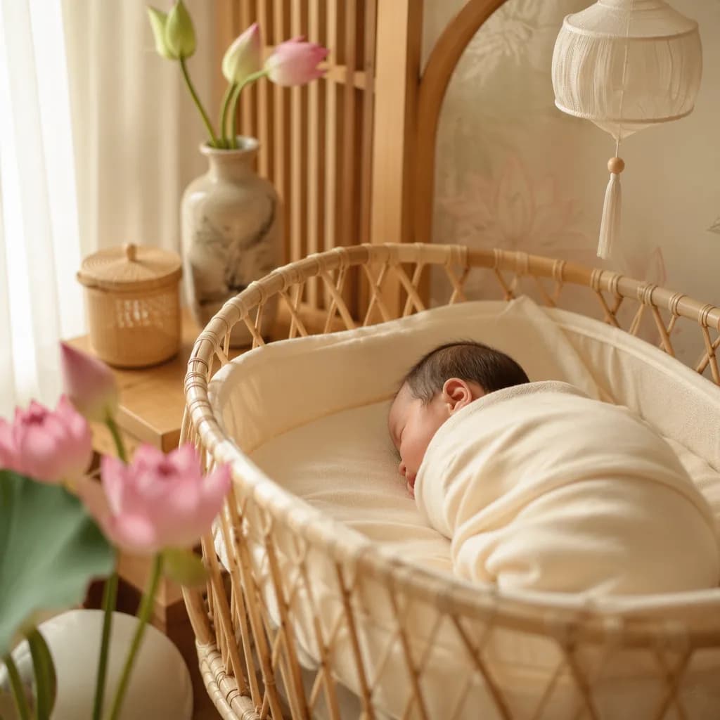 A softly lit nursery scene with a swaddled sleeping baby, bamboo details, and pale lotus flowers.