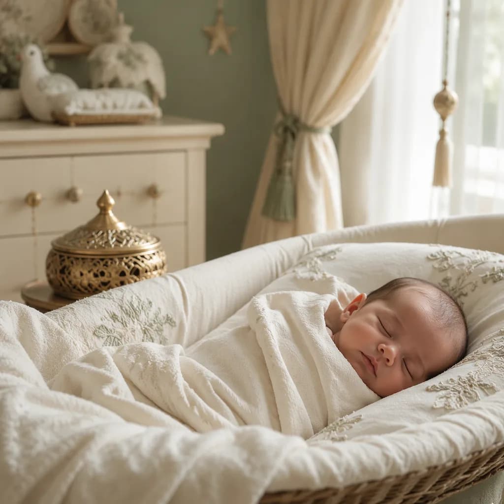 Sleeping baby in a soft Turkish-inspired nursery with warm natural light.
