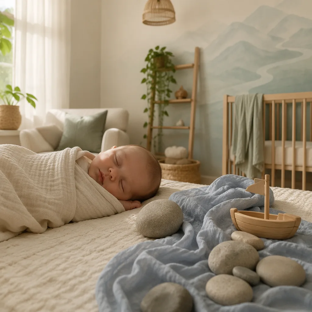 Sleeping baby in a soft Turkish-inspired nursery with river-themed accents.