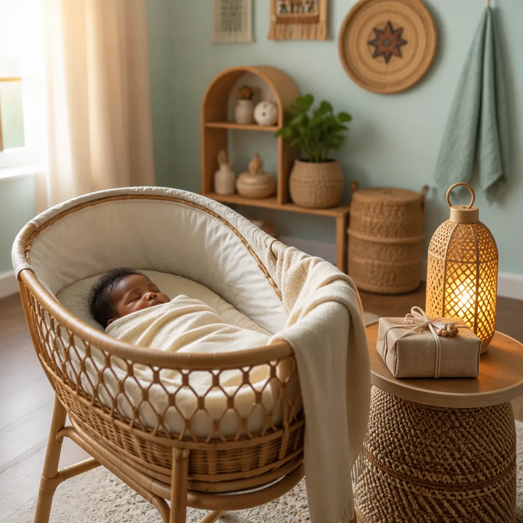 Soft pastel nursery with a sleeping swaddled baby, woven textures, and a small lantern symbolizing a treasured gift and guidance.