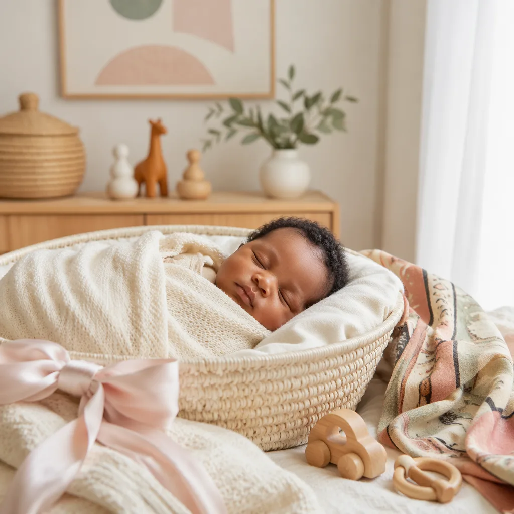 Sleeping baby in a warm pastel nursery with woven accents symbolizing a precious gift.