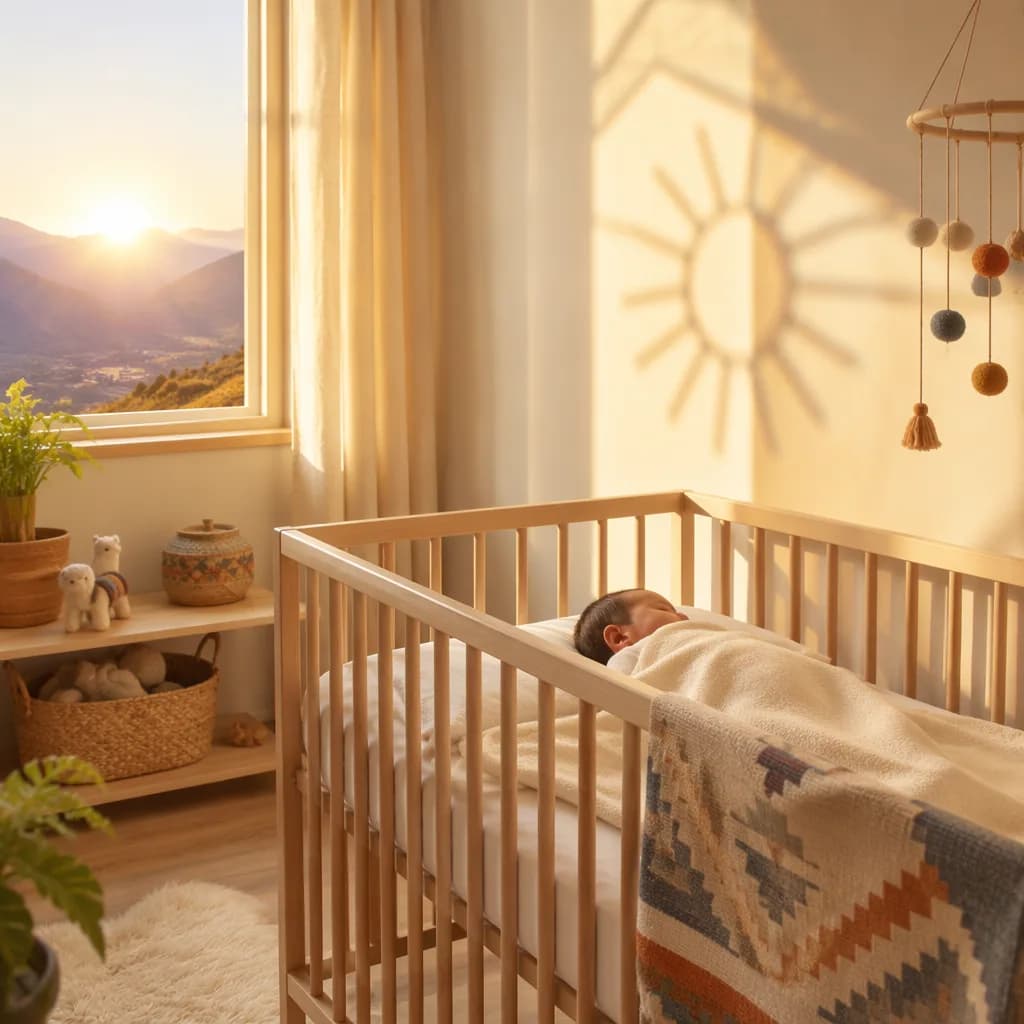 Sleeping baby in a sunlit pastel nursery with soft woven accents.