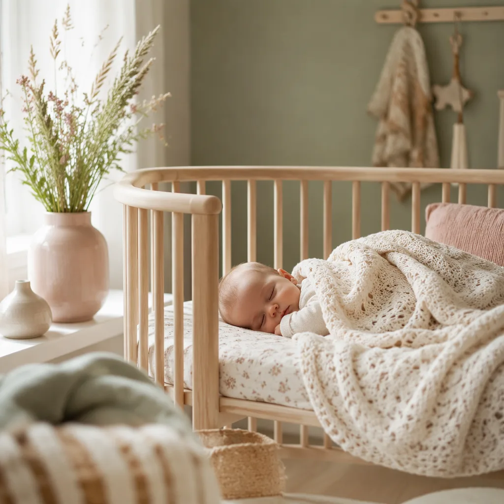 A peaceful Scandinavian nursery with a sleeping baby, soft knits, pale wood, and a small vase of meadow grass and wildflowers.