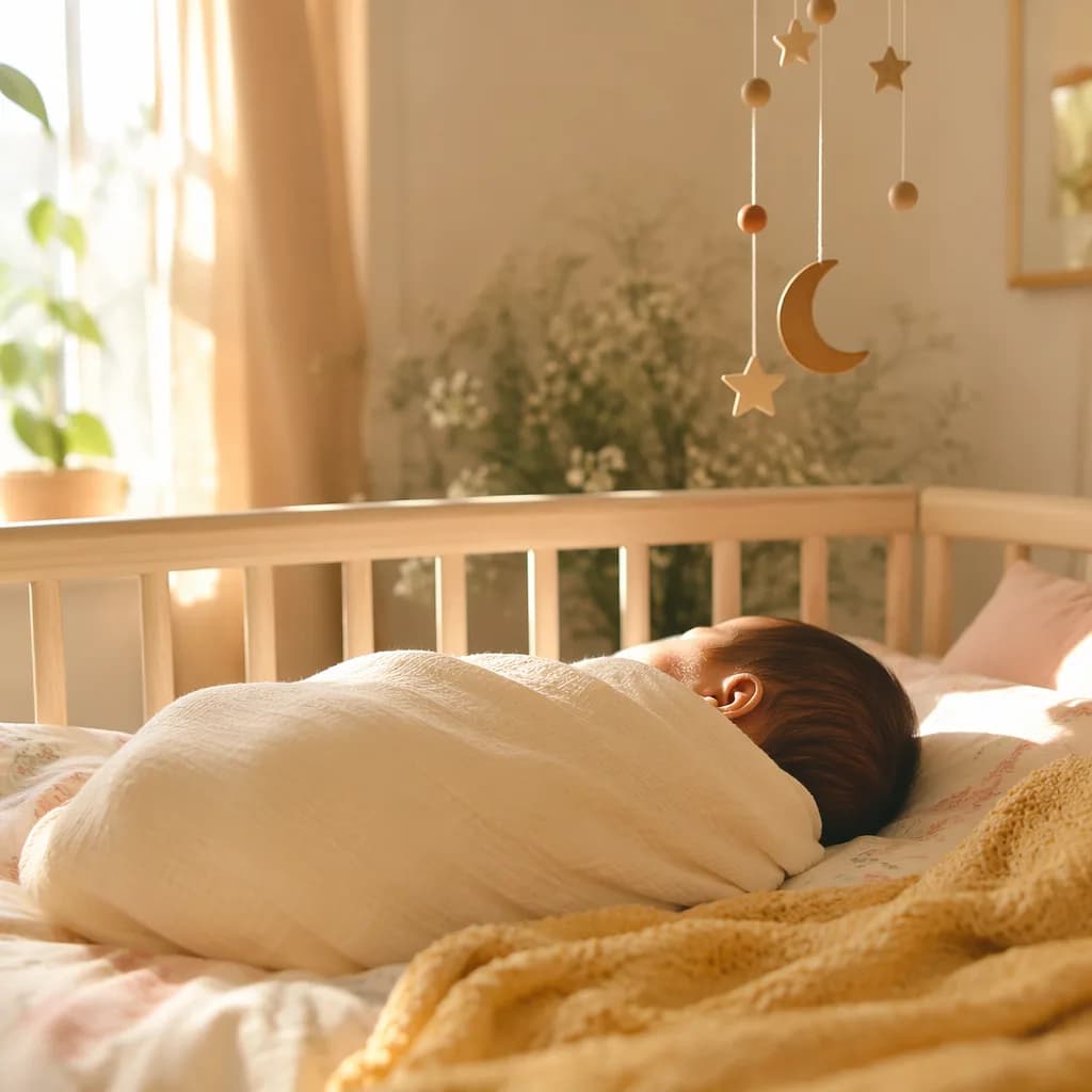 A softly lit nursery scene with a swaddled sleeping baby and warm pastel accents.