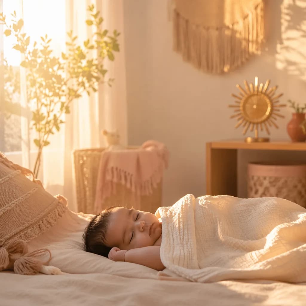 Soft sunlit nursery with a sleeping baby and warm radiant accents.