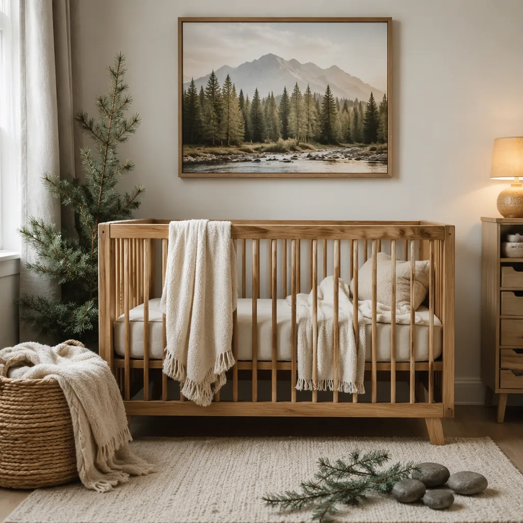 Cozy Pacific Northwest-inspired nursery with soft blankets, evergreen sprigs, and warm natural light.