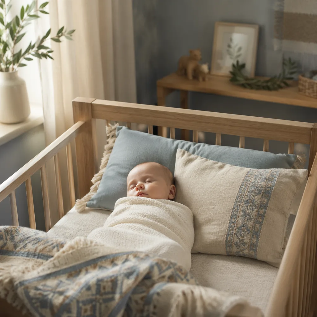 Sleeping baby in a cozy pastel nursery with soft Polish-inspired details.
