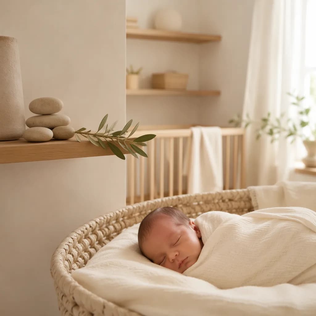 A peaceful pastel nursery with a swaddled sleeping baby, smooth stones, and an olive branch.