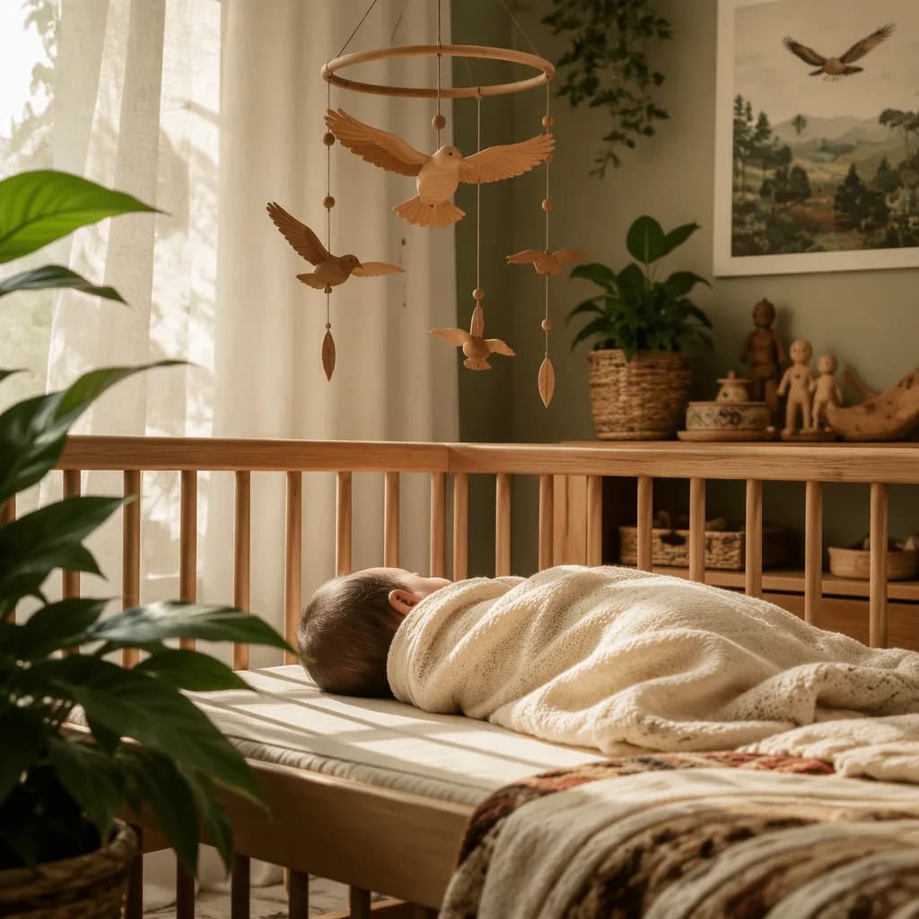 Sleeping baby in a warm pastel nursery with a wooden bird mobile and soft natural light.