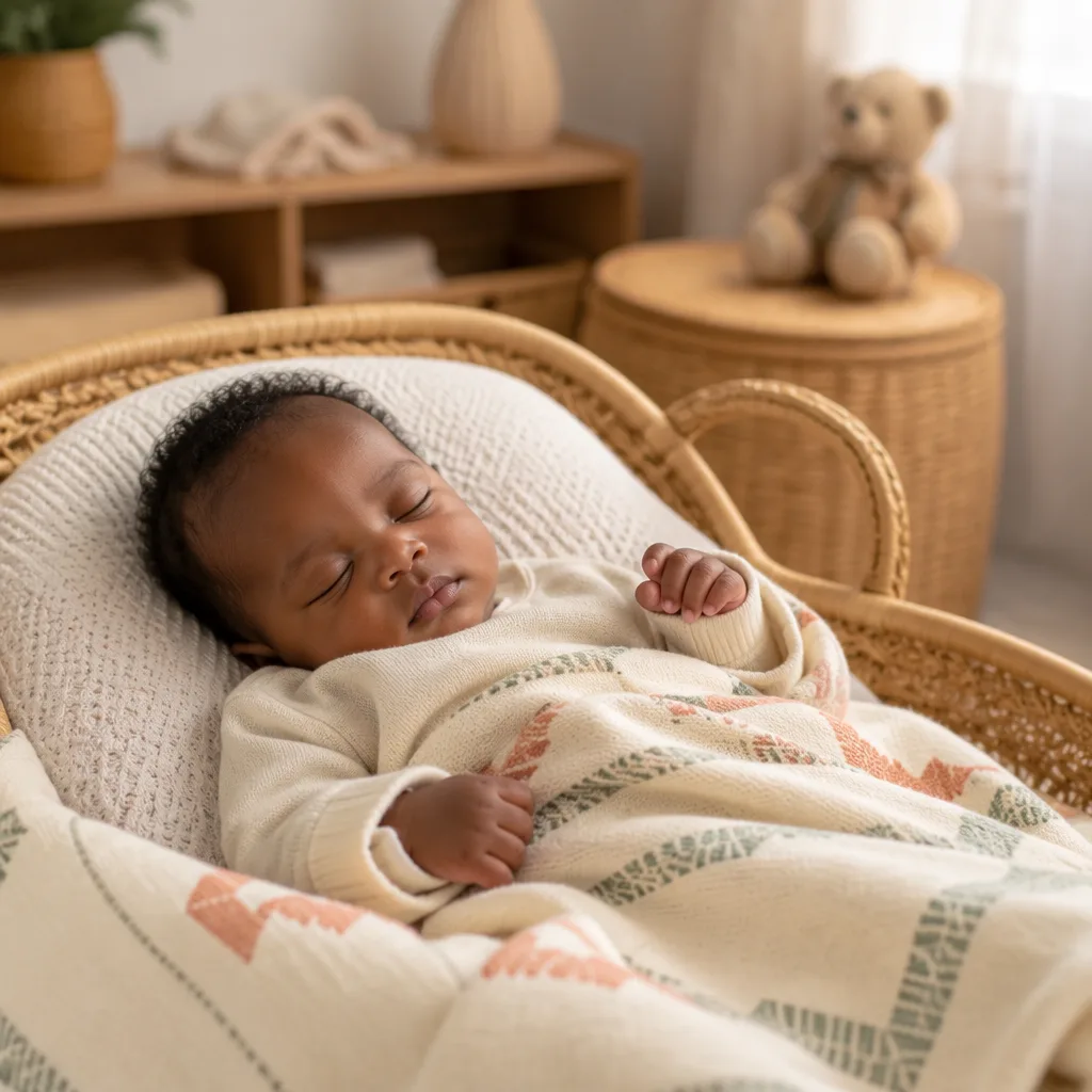 Peaceful Igbo baby sleeping in a warm pastel nursery with woven decor.