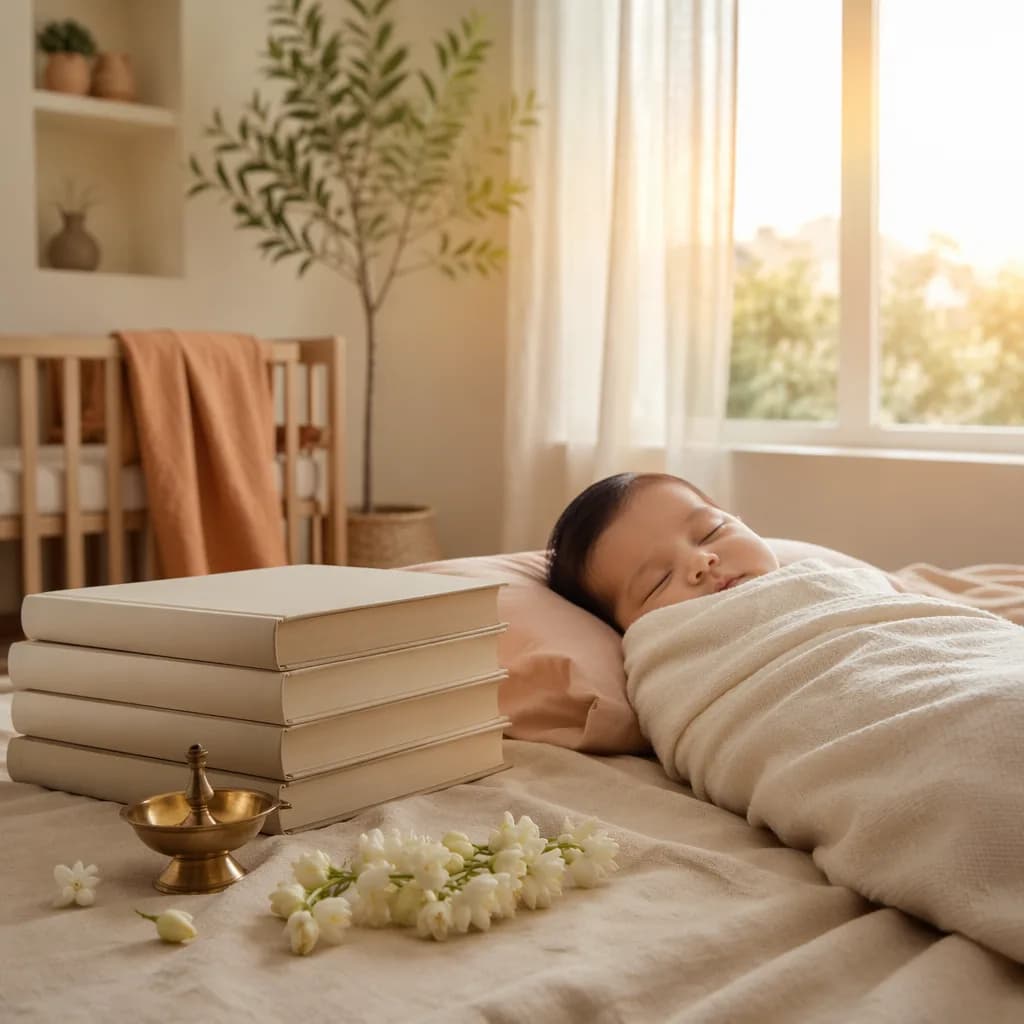 Soft sunrise nursery scene with a swaddled baby and symbolic books evoking wisdom.