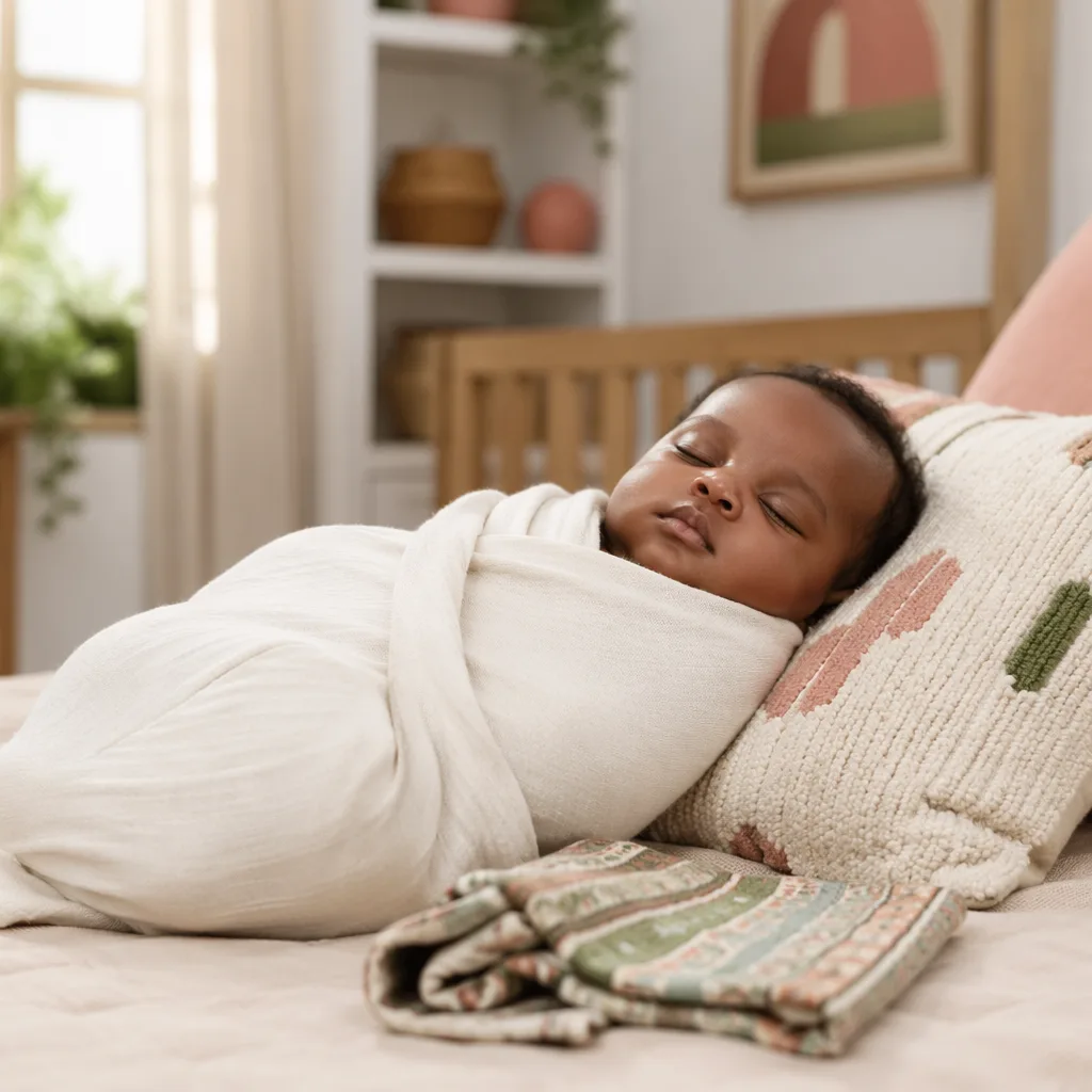 Peaceful Igbo baby in a warm pastel nursery with a patterned blanket.