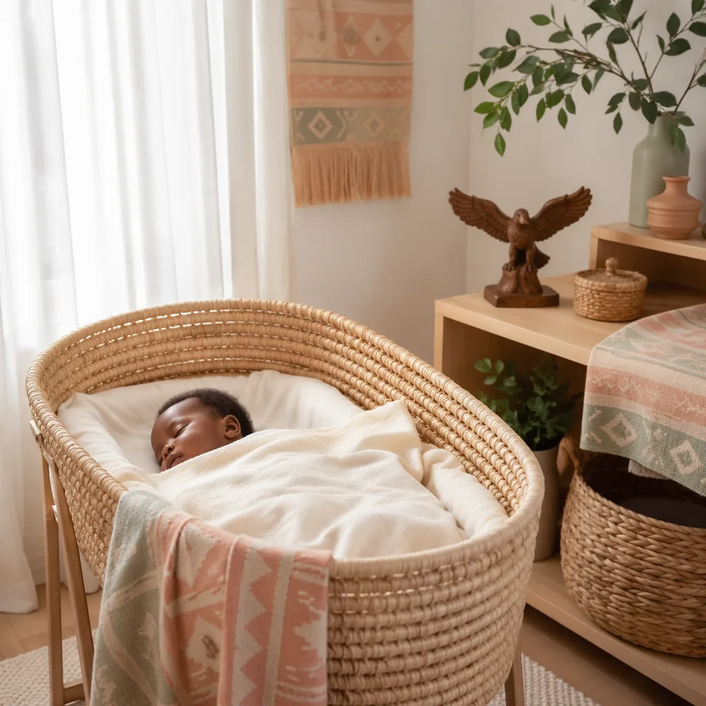 Soft pastel Igbo-inspired nursery with a sleeping swaddled baby and wooden eagle decor.