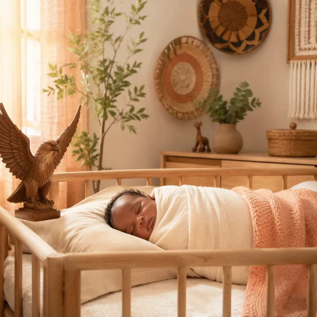 Sleeping Nigerian baby in a cozy nursery with soft woven details and an eagle ornament.