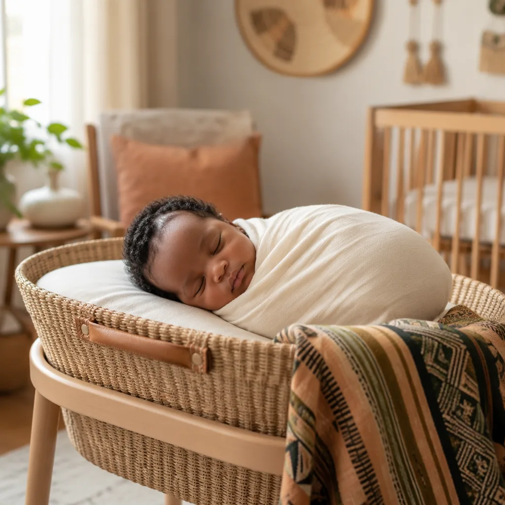 Sleeping newborn in a warm, cozy nursery with soft Igbo-inspired accents.