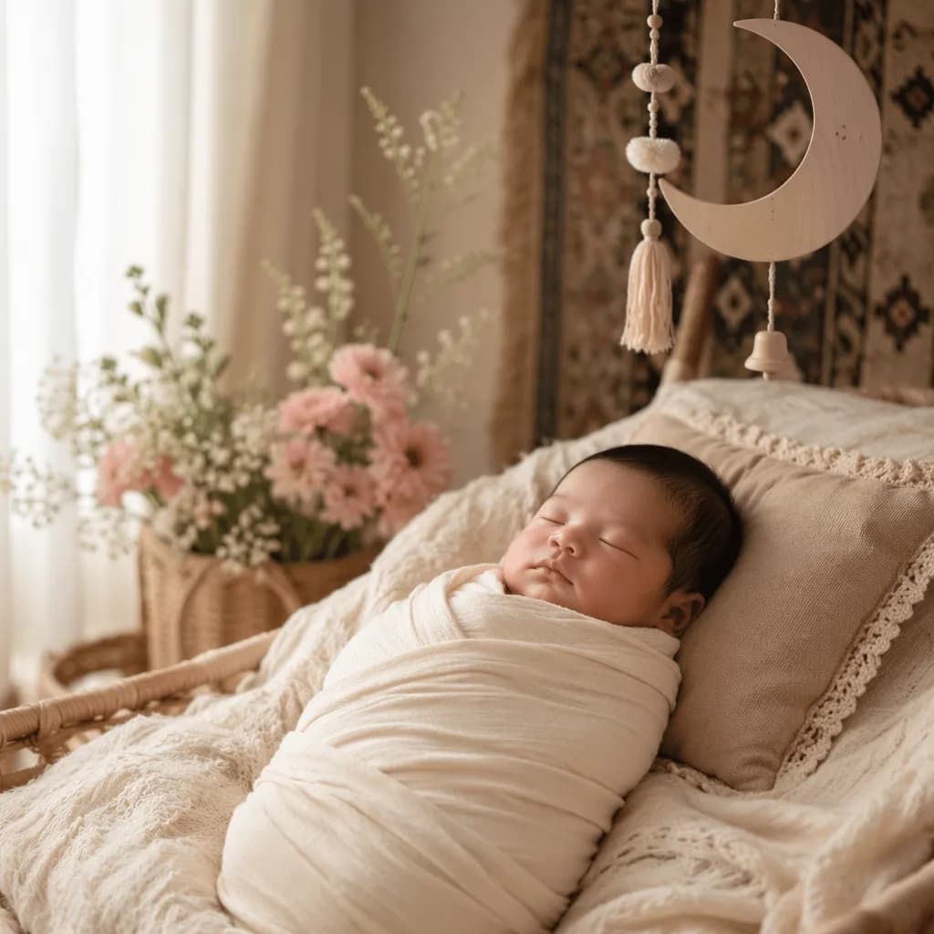 Sleeping newborn in a soft pastel nursery with gentle Indonesian-inspired details