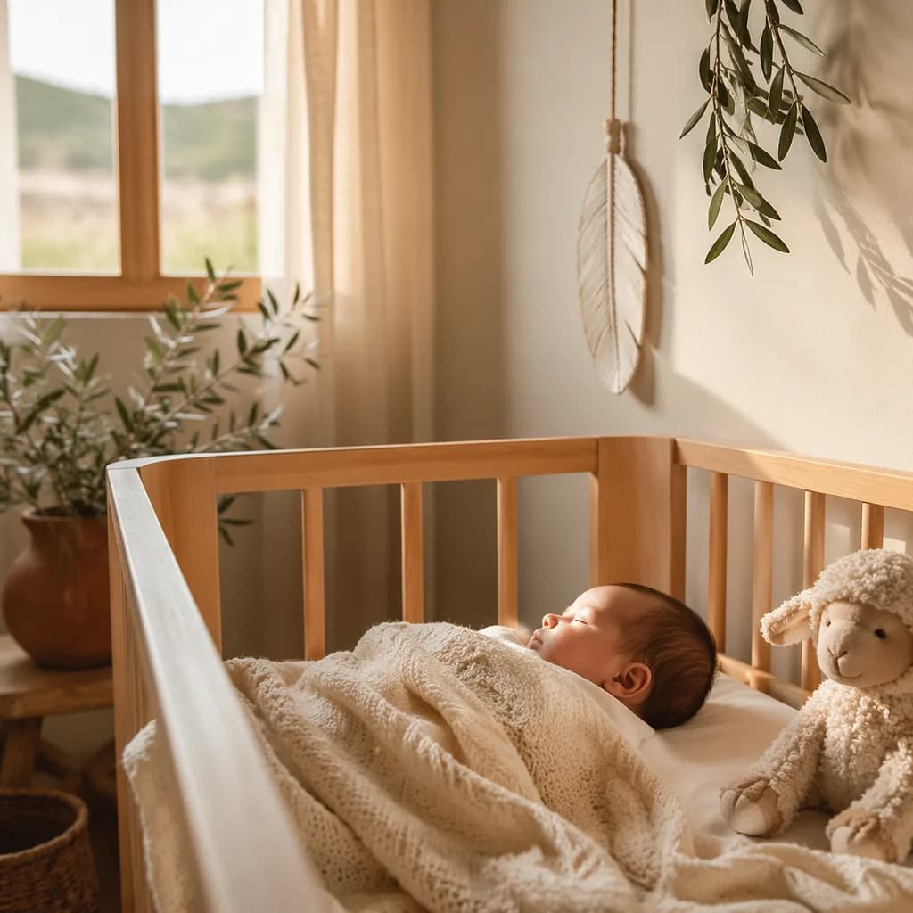 Sleeping baby in a soft pastel nursery with lamb and feather details.