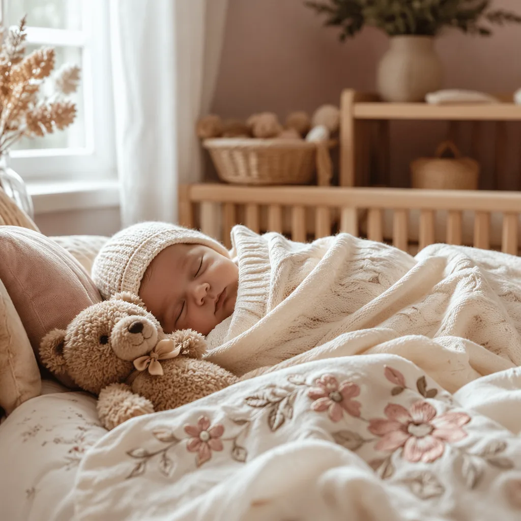 Sleeping swaddled baby beside a plush bear in a soft pastel nursery.
