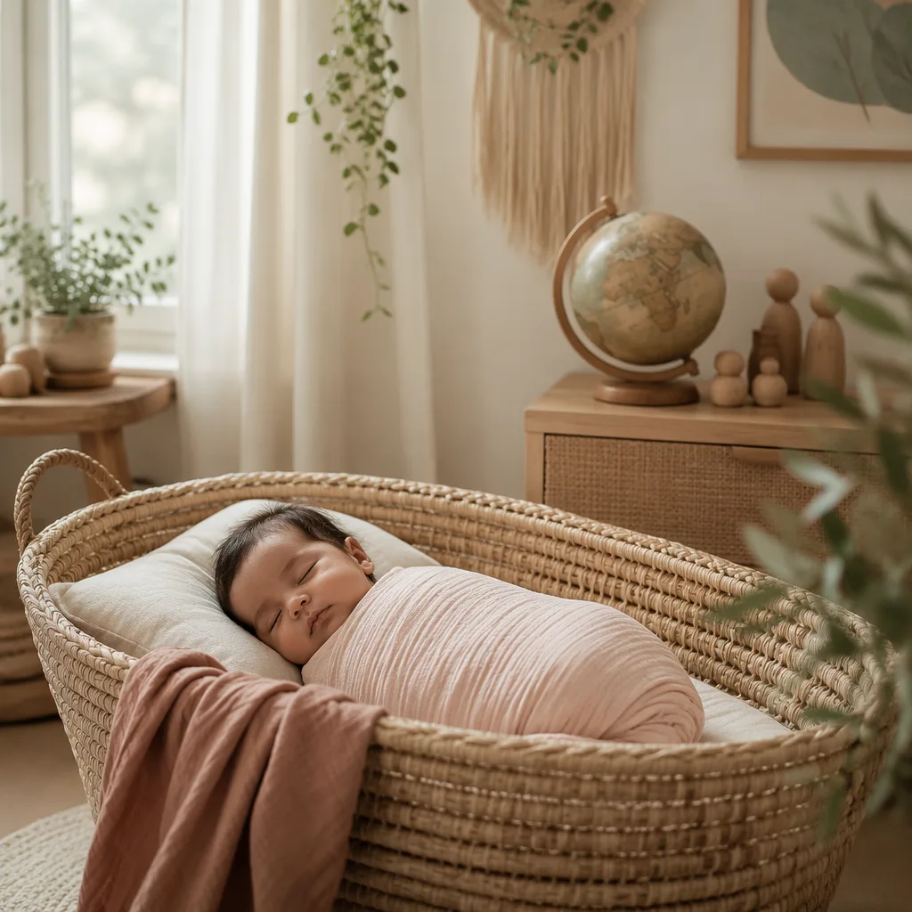 Sleeping baby in a warm pastel earth-inspired nursery