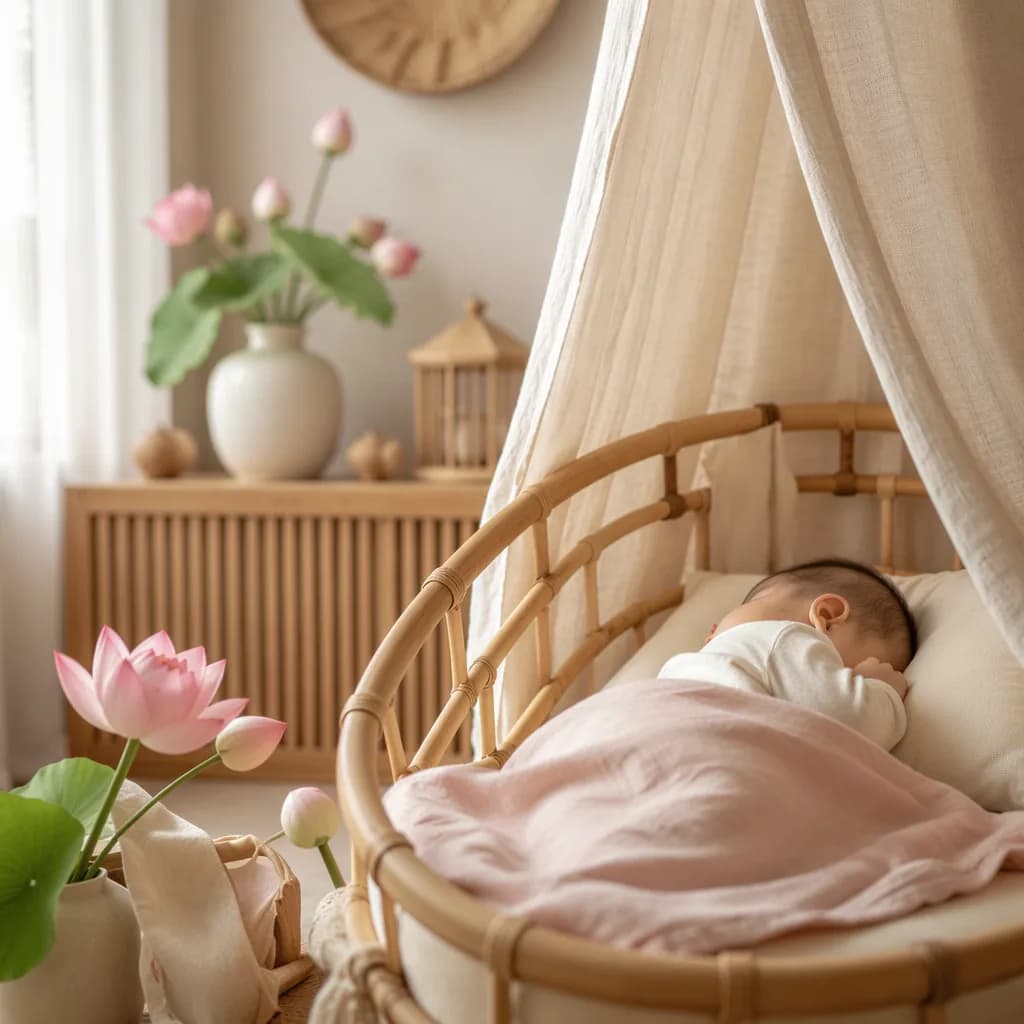 A peaceful Vietnamese-inspired nursery with a sleeping baby, soft lotus flowers, and warm pastel light.