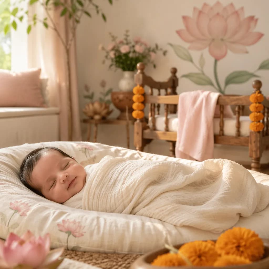 Peaceful pastel nursery with a swaddled baby and subtle Indian-inspired lotus decor.
