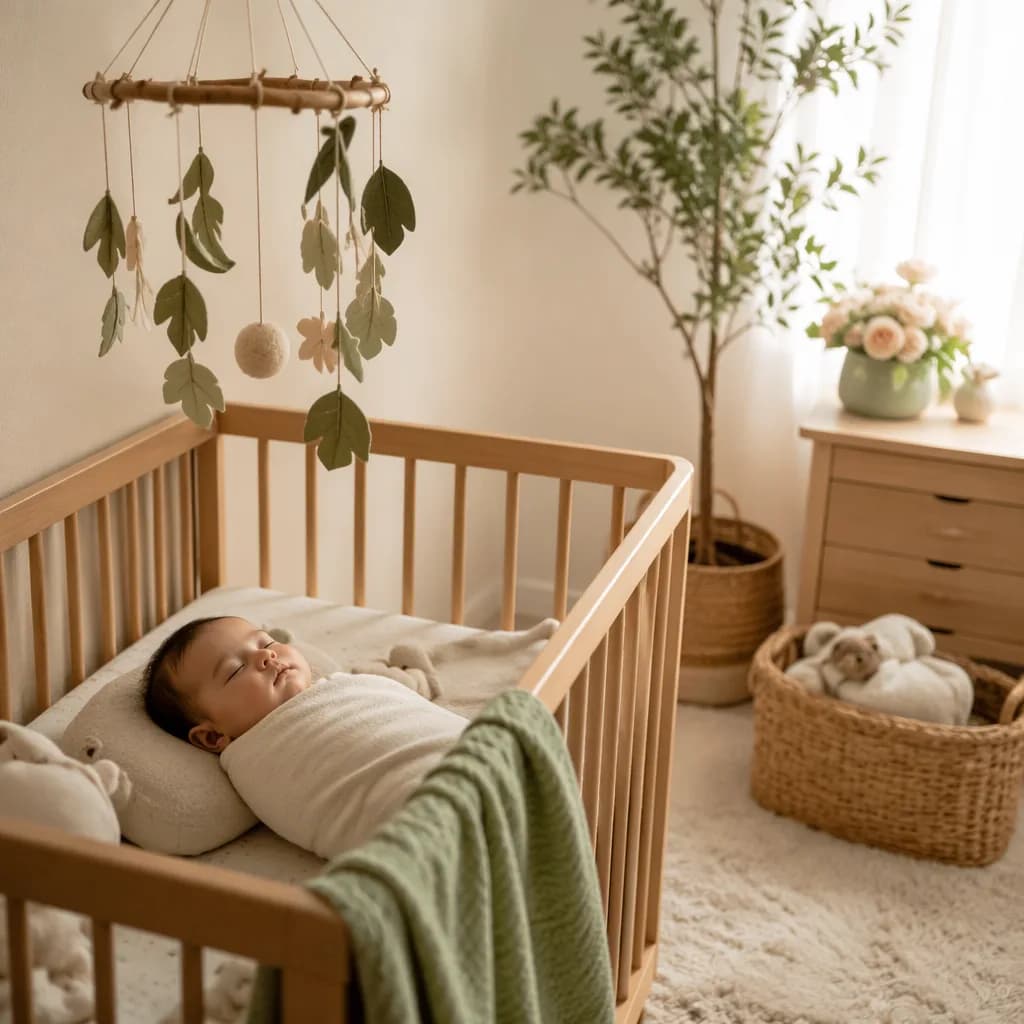Sleeping baby in a soft pastel nursery with gentle forest and floral accents.