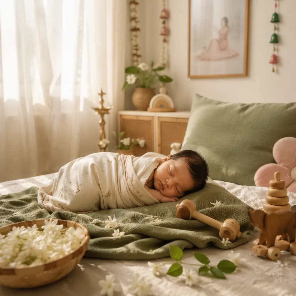 Serene baby in a soft pastel nursery with nature-inspired Hindi decor.