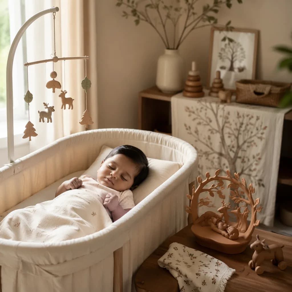 A peaceful baby nursery with soft forest-inspired decor and handcrafted toys.