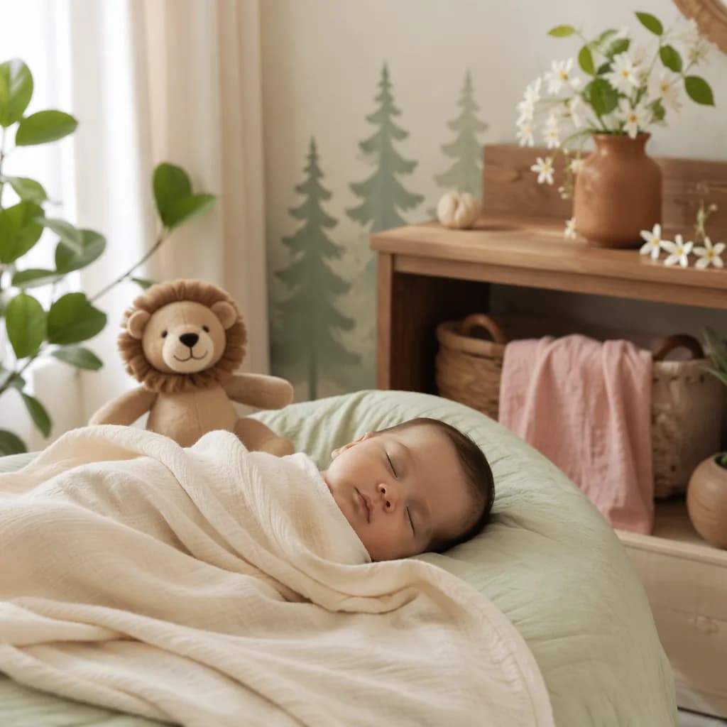Serene pastel nursery with a sleeping baby, forest accents, jasmine flowers, and a plush lion.