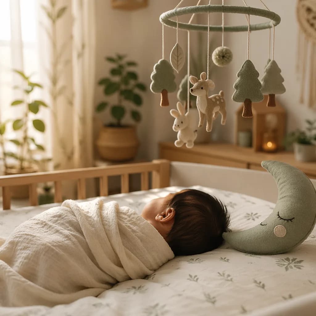 Sleeping baby in a soft pastel nursery with forest and moon accents.