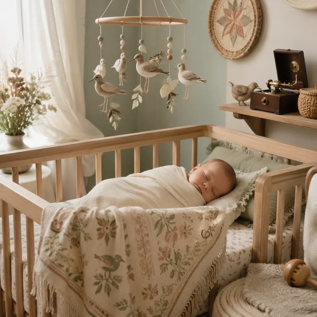 Sleeping baby in a soft Russian-inspired nursery with a bird mobile and pastel accents.