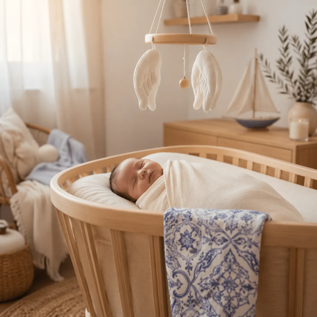 A peaceful Portuguese-inspired nursery with a swaddled sleeping baby and soft angel and coastal details.