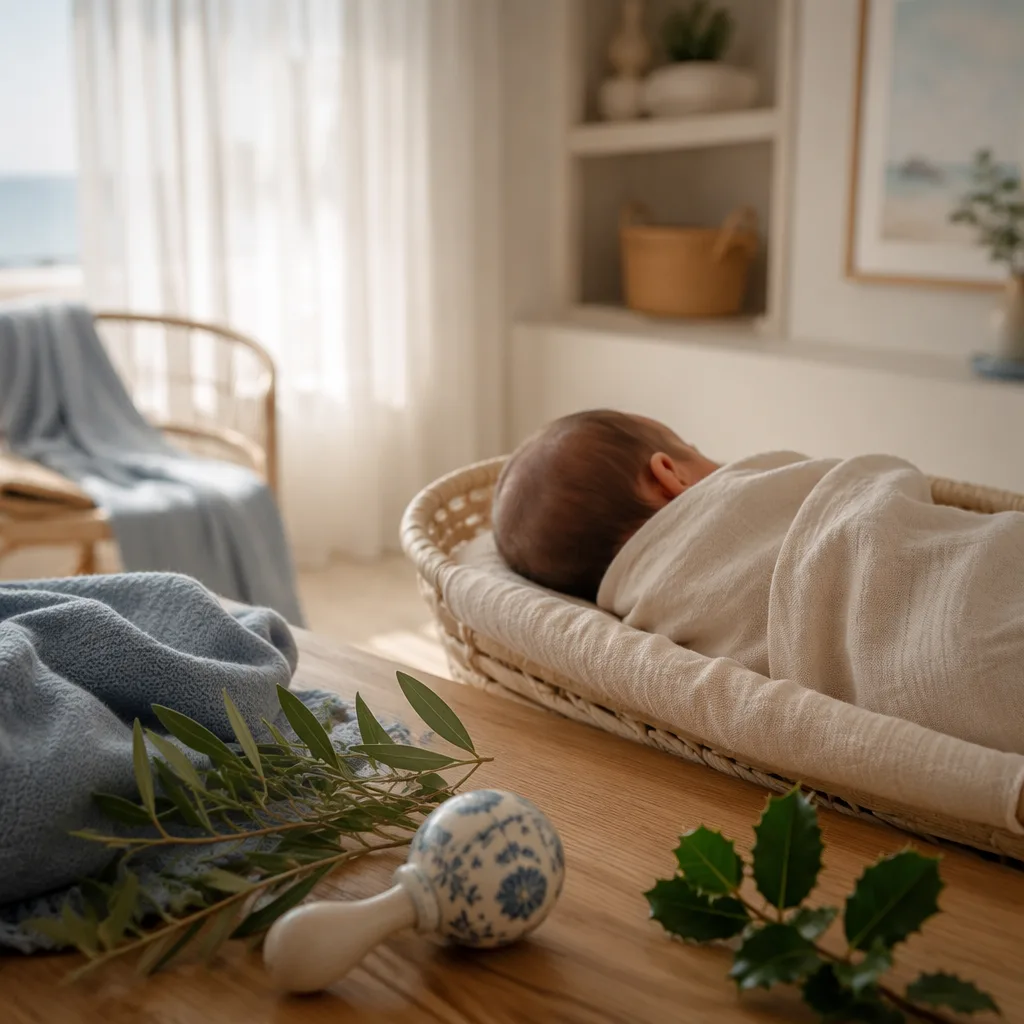 A softly lit Portuguese nursery with a swaddled baby and laurel and holly accents.