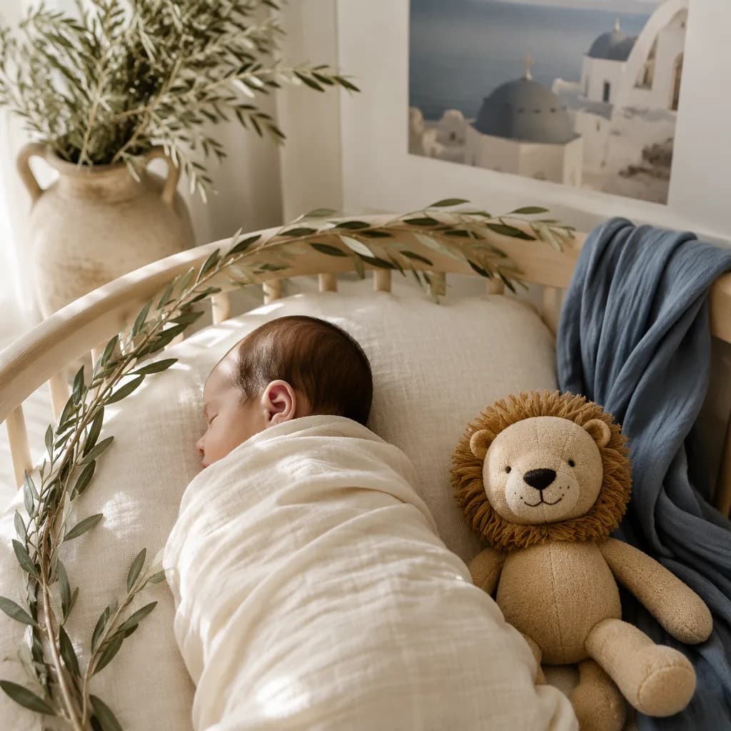 Sleeping swaddled baby in a soft Greek-inspired nursery with a plush lion and olive branch accents.
