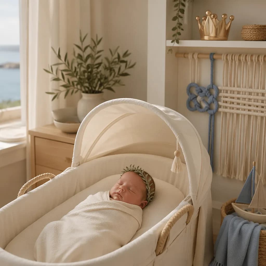 Sleeping newborn in a soft Greek-inspired nursery with olive leaves and pastel Aegean accents.