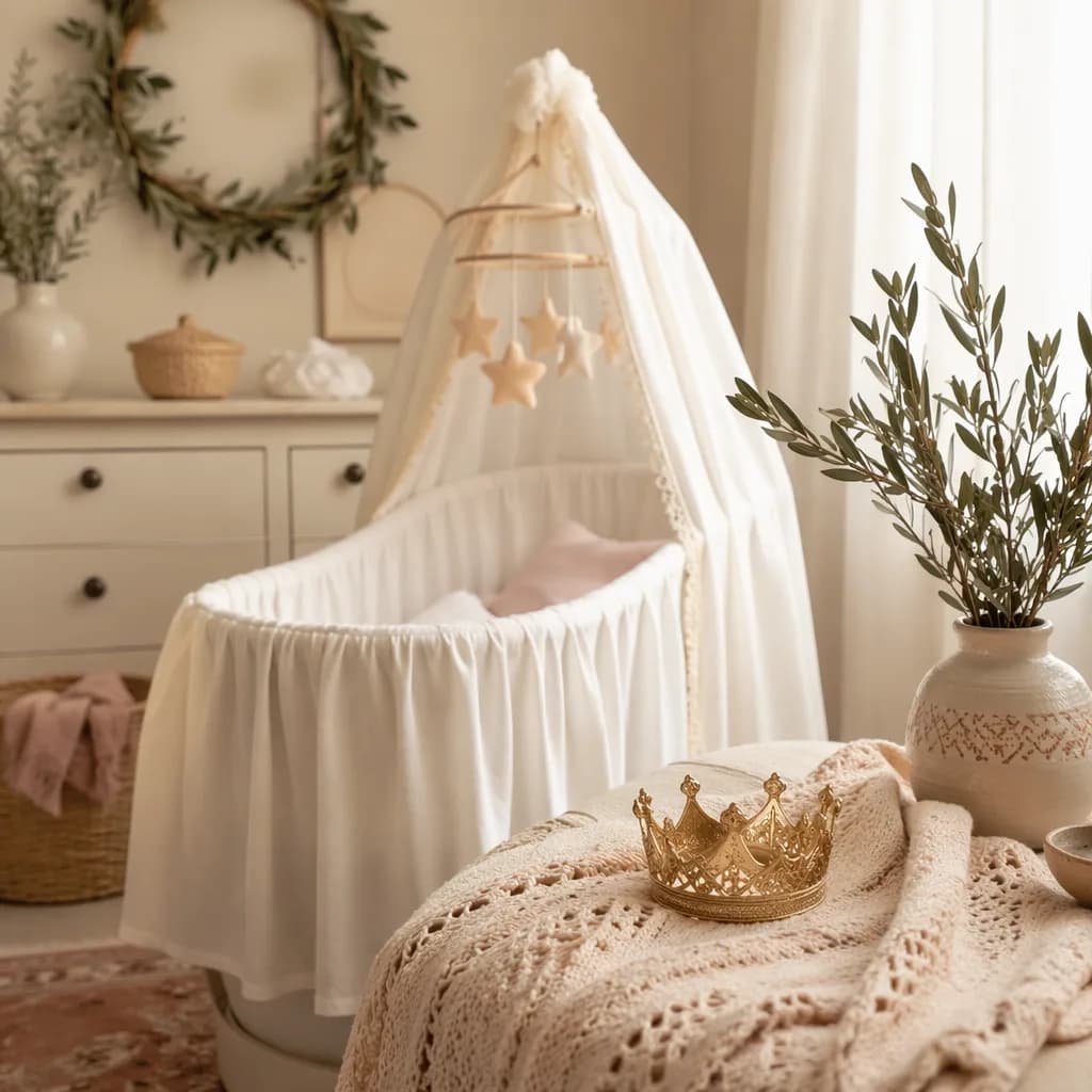 Soft Greek-inspired nursery with olive branches and a small crown keepsake.