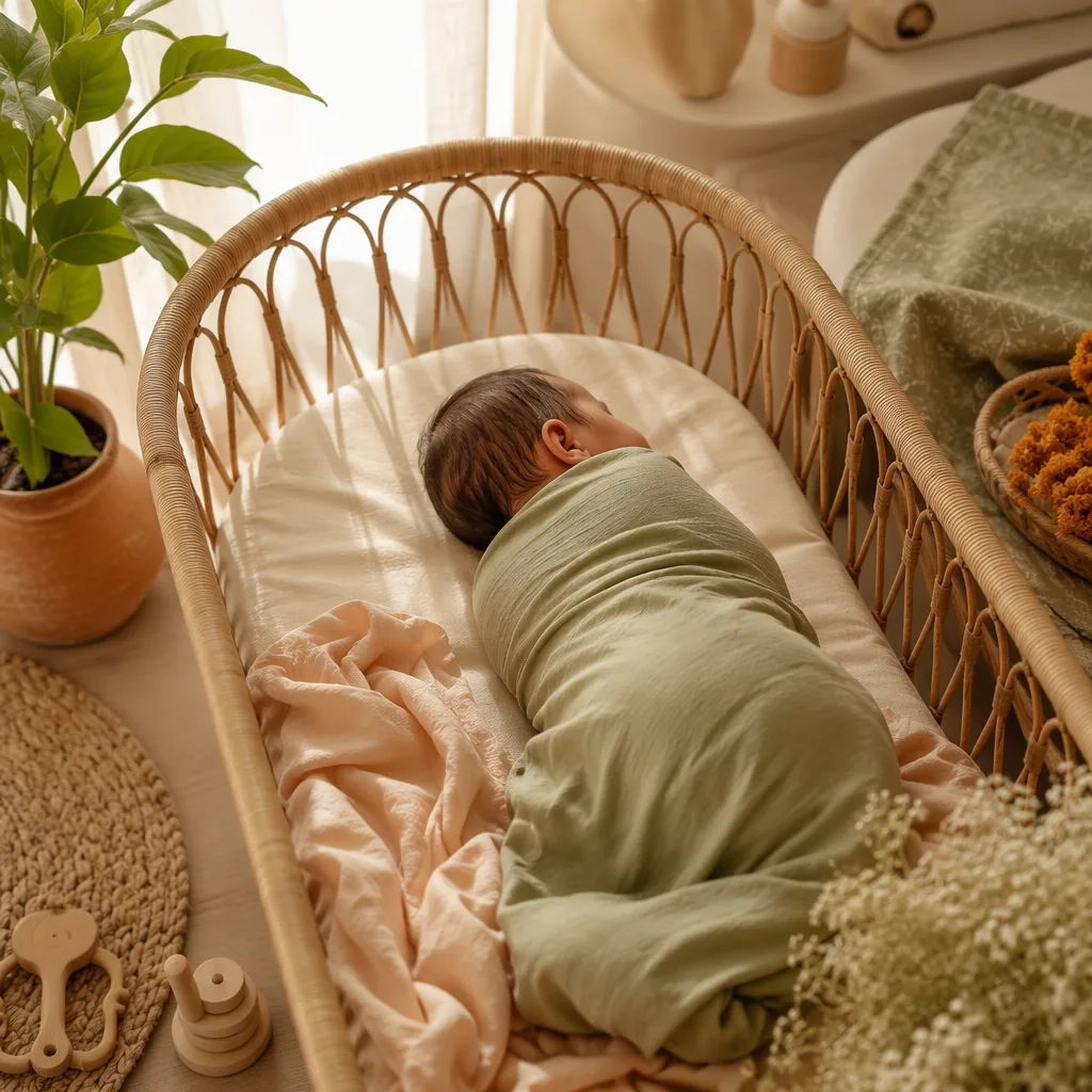 A peaceful pastel nursery with a swaddled sleeping baby and earthy natural decor.