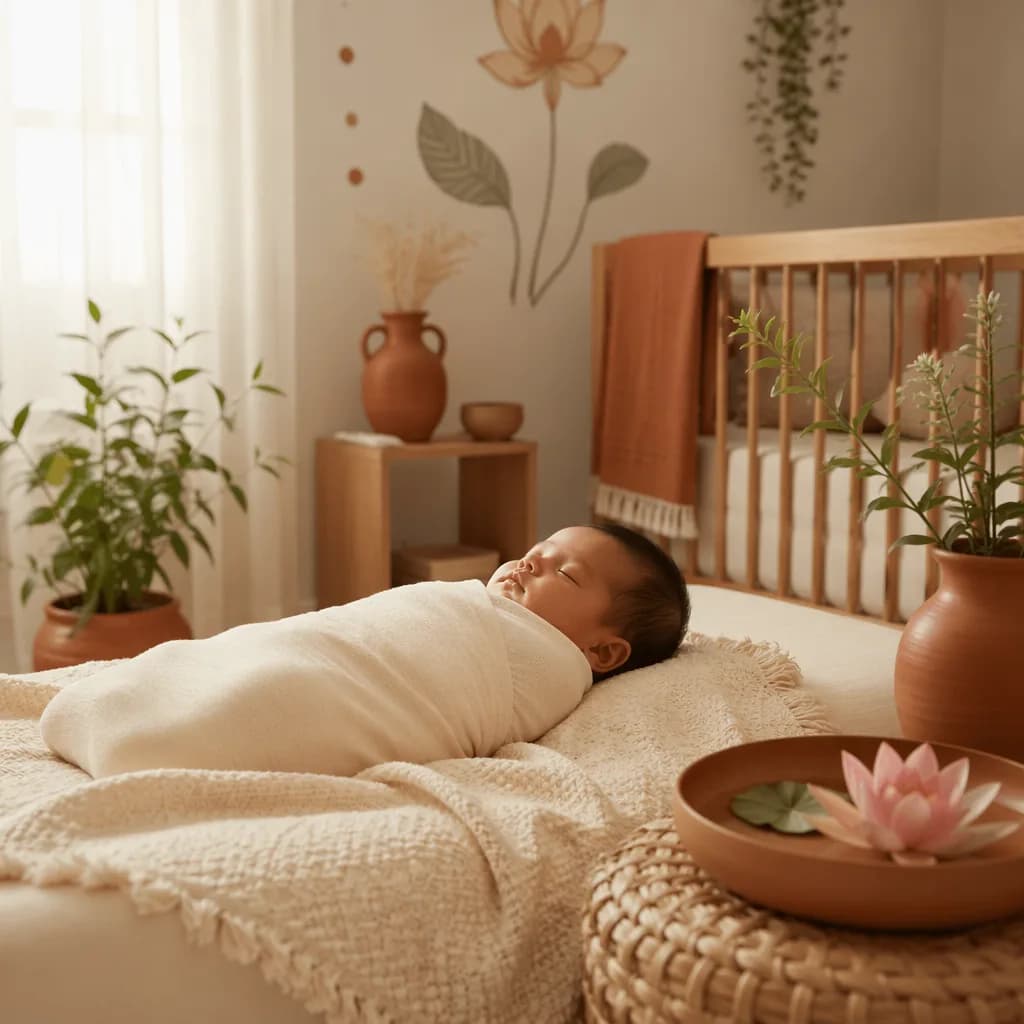 A peaceful swaddled baby in an earthy pastel nursery with soft natural light and lotus accents.