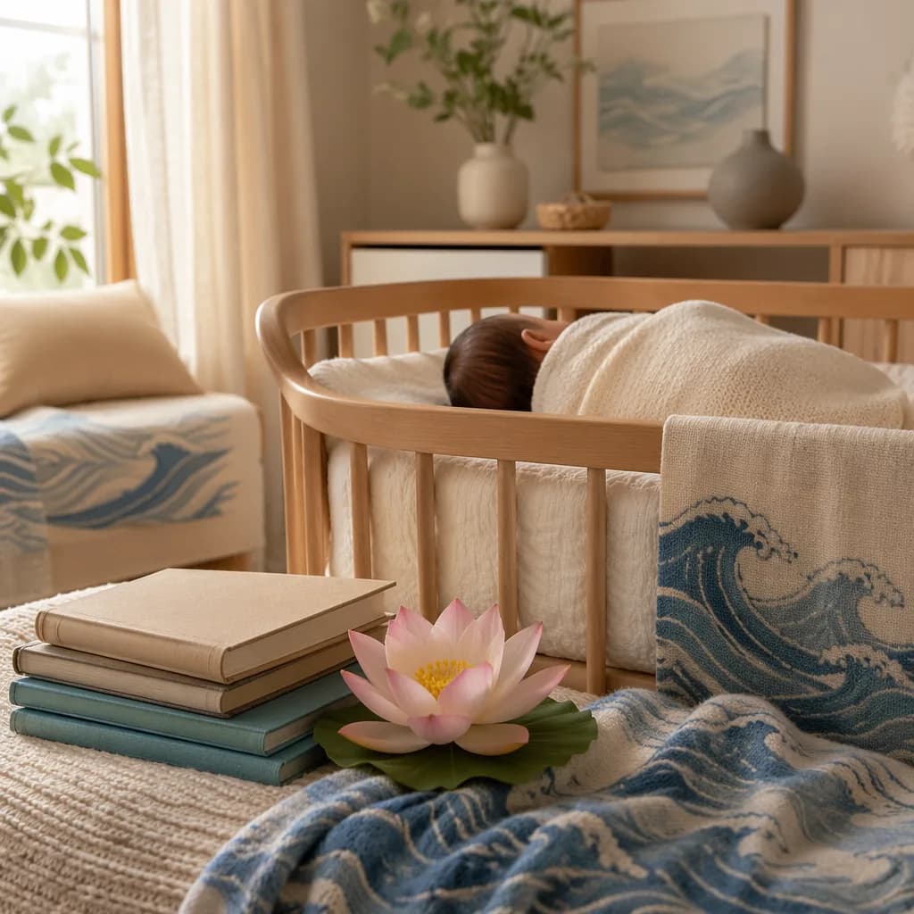 Soft pastel nursery with a swaddled baby, books, lotus, and wave details.