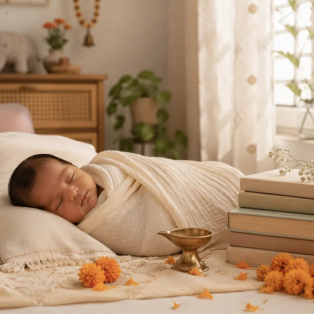 A peaceful newborn in a pastel nursery with soft Indian-inspired details symbolizing wisdom and blessings.