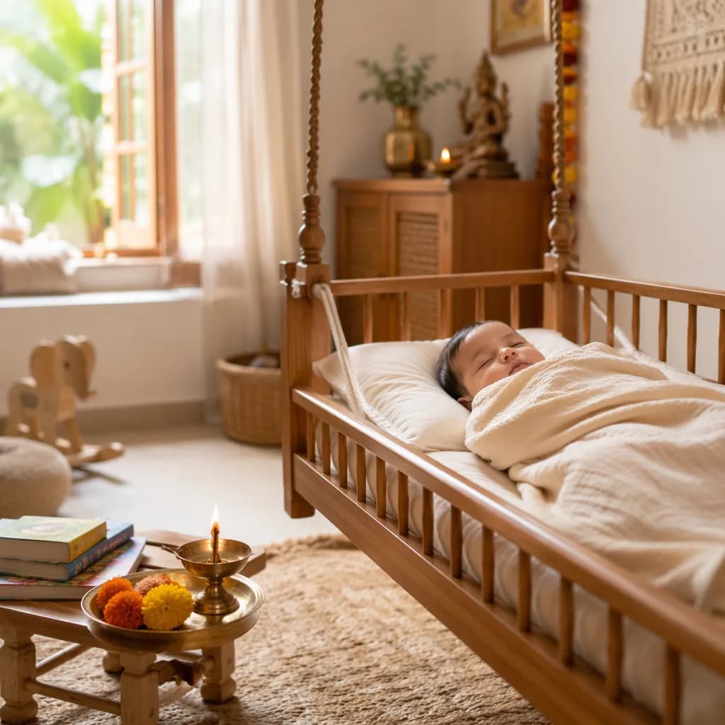 Sleeping baby in a warm pastel nursery with subtle Indian-inspired details symbolizing wisdom and heritage