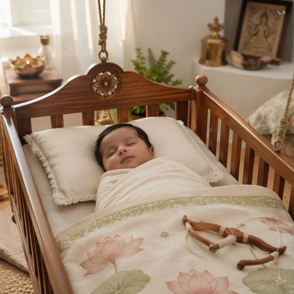 Peaceful baby in a warm pastel nursery with subtle Indian-inspired details.