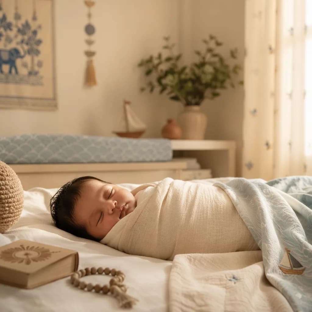 Sleeping baby in a soft pastel nursery with gentle wisdom and ocean-inspired accents.