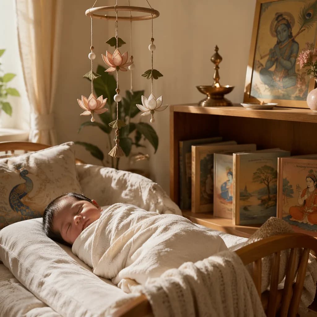 Sleeping newborn in a warm pastel Sanskrit-inspired nursery with lotus and peacock-blue accents.